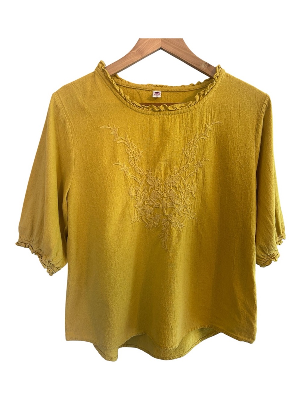 Embroidered Ruffle Neck Mustard Yellow Blouse 100% Cotton Coastal Euro Summer